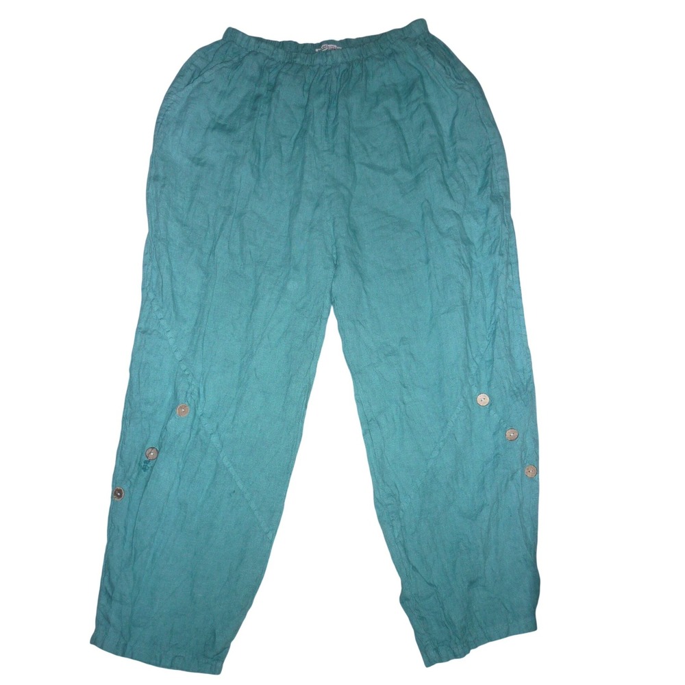 LINDA Italy Linen Pants One Size TU Teal Green Boho Lagenlook Wide Leg Crop